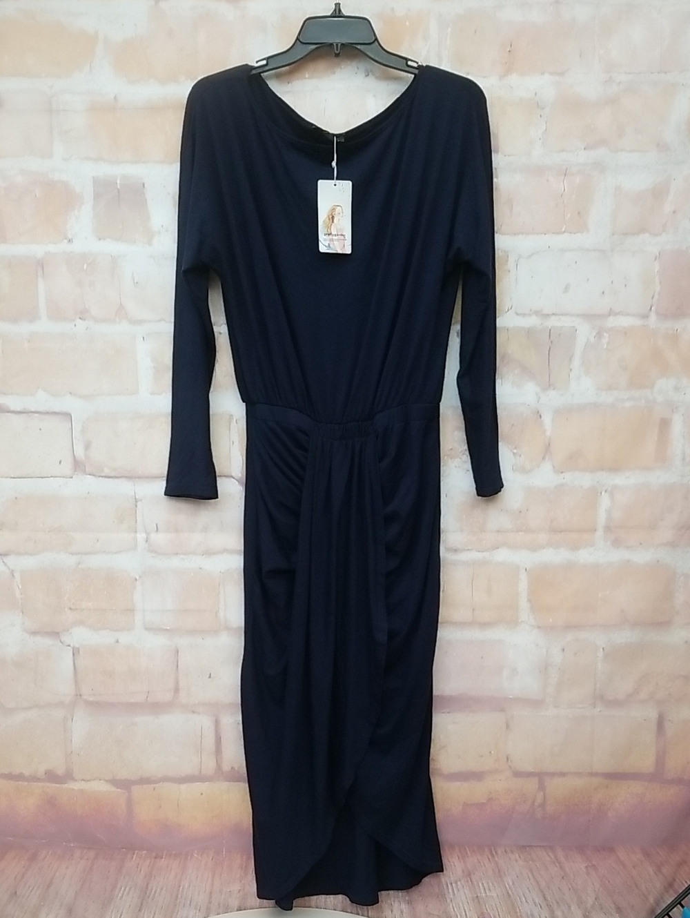 NWT PrettyGarden Women's Navy Long Sleeve Draped Midi Dress Size M